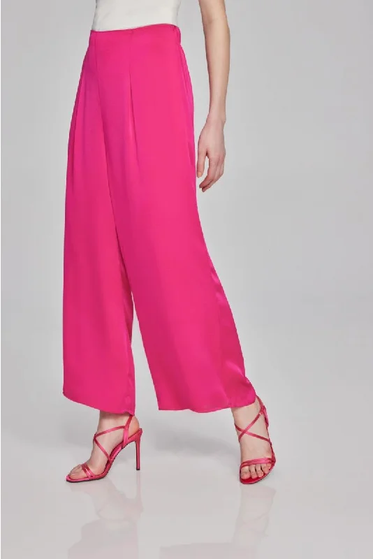 Joseph Ribkoff Shocking Pink Pleated Pull On Satin Wide-Leg Pants 241766