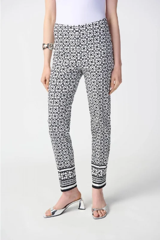 Joseph Ribkoff Vanilla/Black Geometric Print Pin Tuck Pull On Ankle Pants 241186