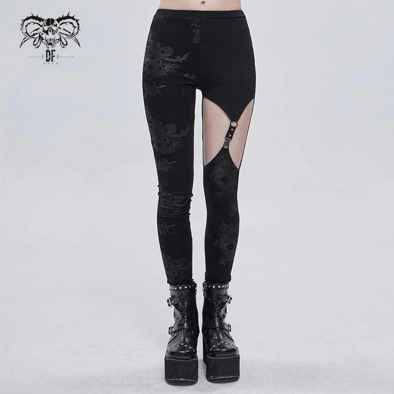 Women's Gothic Cobweb Printed Cutout Pants