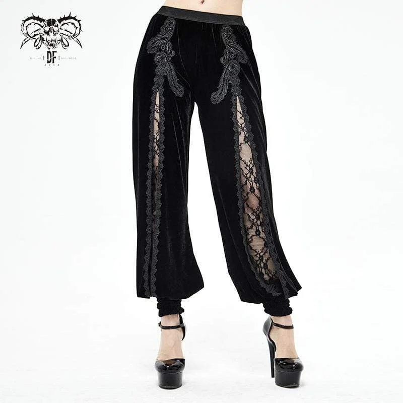 Women's Gothic Floral Embroidered Furcal Black Pants