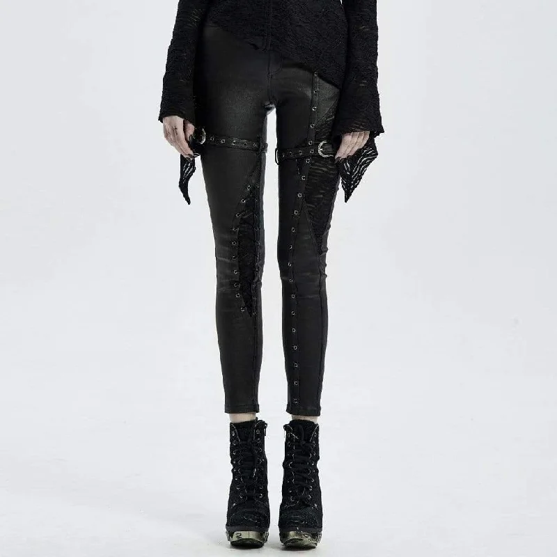 Women's Punk Faux Leather Skull Straps Skinny Pants