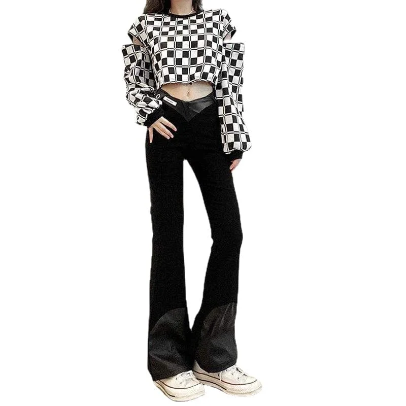 Women's Punk Faux Leather Splice Flare Pants