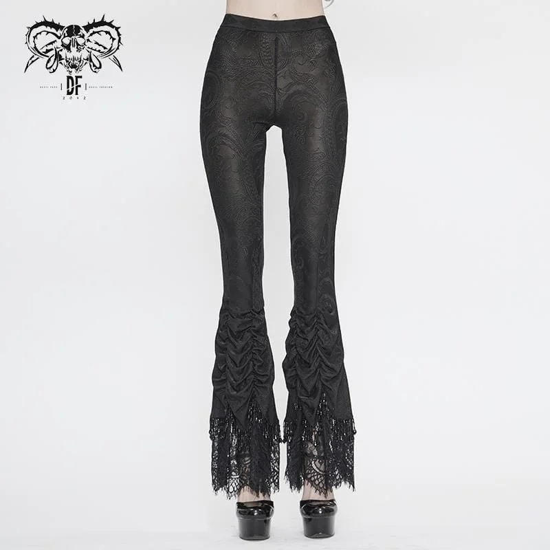 Women's Vintage Gothic Black Laced Trimmed Flared Trousers