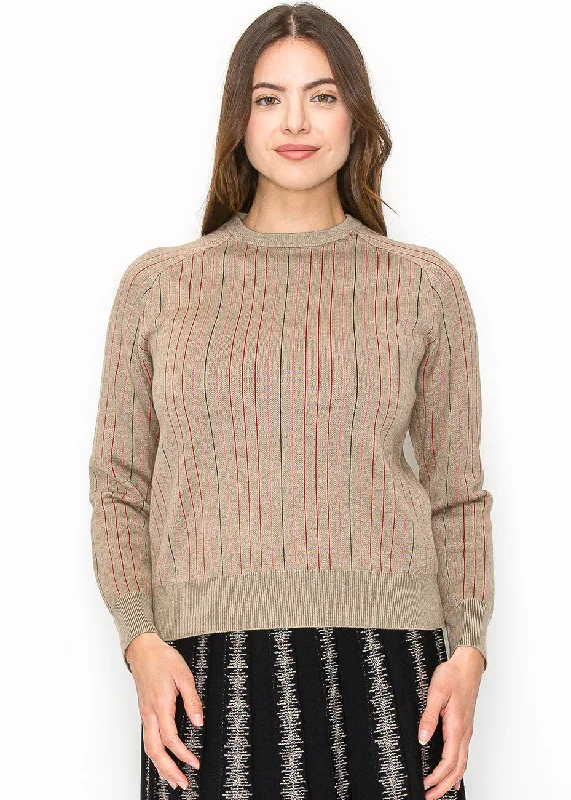 Beige Sweater with Subtle Pink Stripes