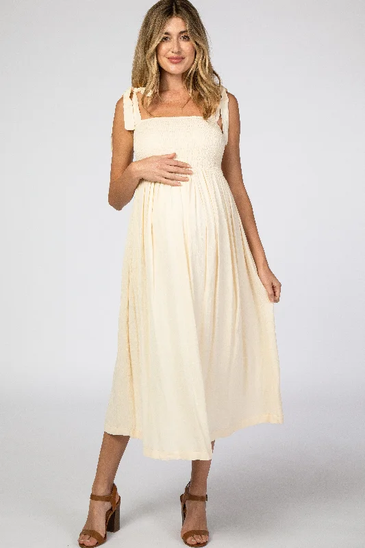 Beige Smocked Tie Strap Maternity Midi Dress