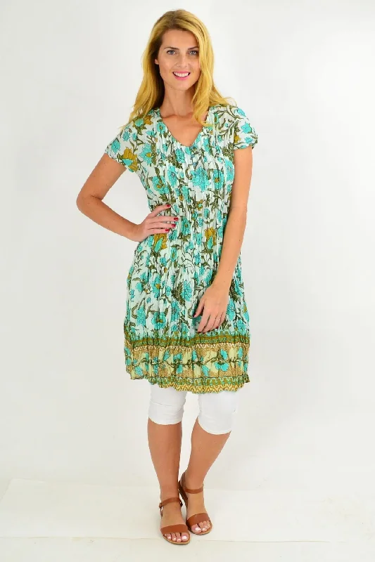 Blue Tree Flower Cotton Tunic Dress