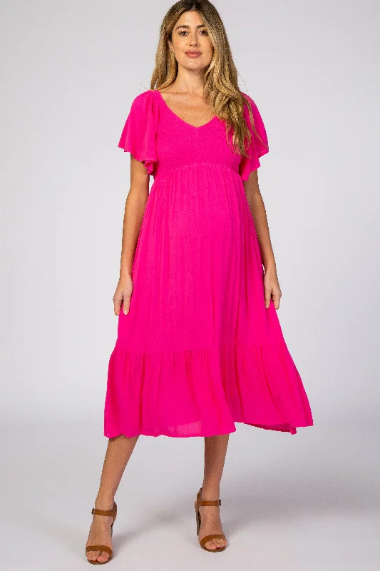 Fuchsia Smocked Ruffle Maternity Dress