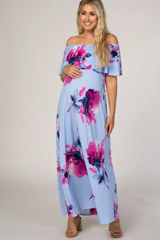 Light Blue Floral Off Shoulder Maternity Maxi Dress