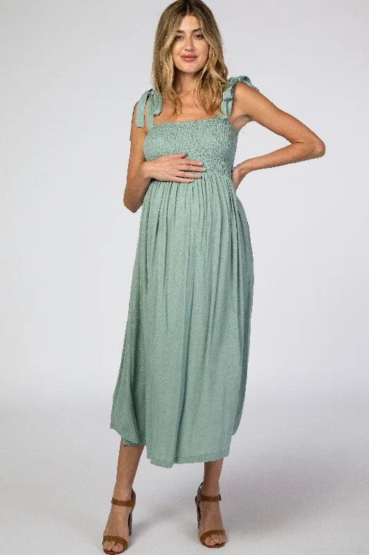 Mint Green Smocked Tie Strap Maternity Midi Dress