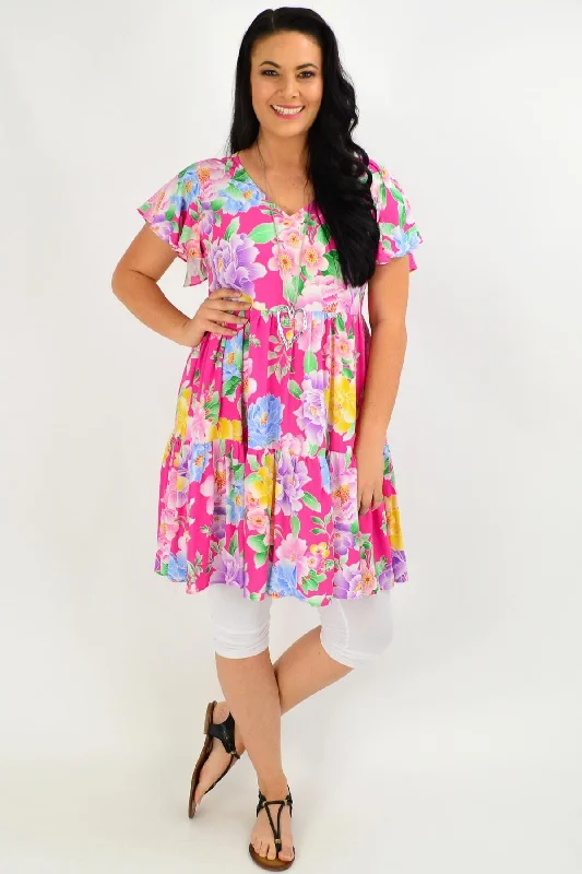 Pink Oriental Flower Garden Tunic Dress