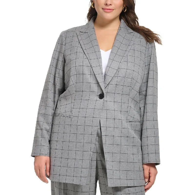 Plus Womens Window Pane Suit Separate One-Button Blazer