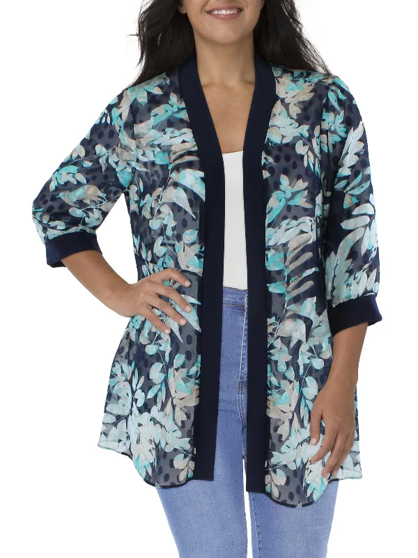 Womens Printed Duster Open-Front Blazer