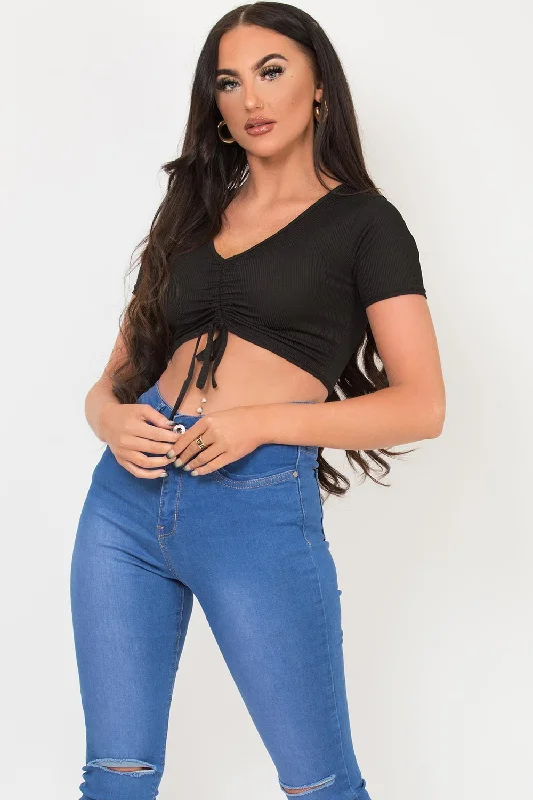 Black Crop Top With Ruched Front