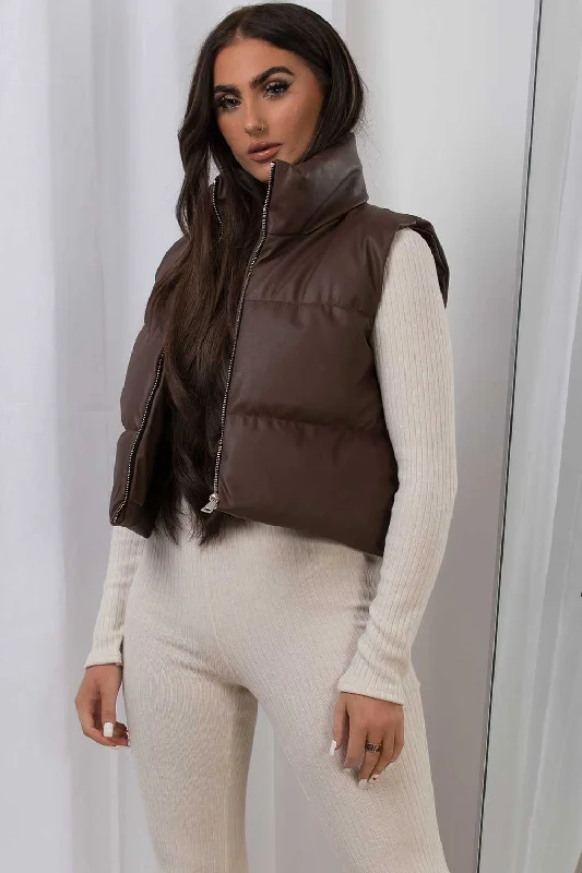 Crop Gilet In Faux Leather Brown