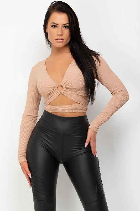 Cut Out Ring Detail Long Sleeve Crop Top Beige