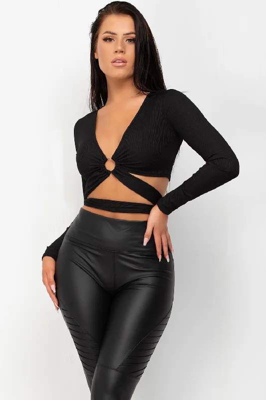 Cut Out Ring Detail Long Sleeve Crop Top Black