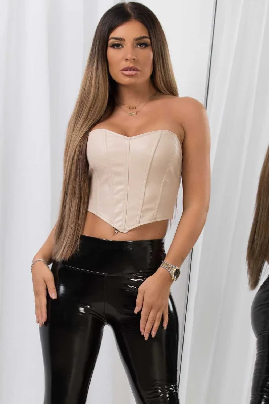 Faux Leather Corset Crop Top Beige