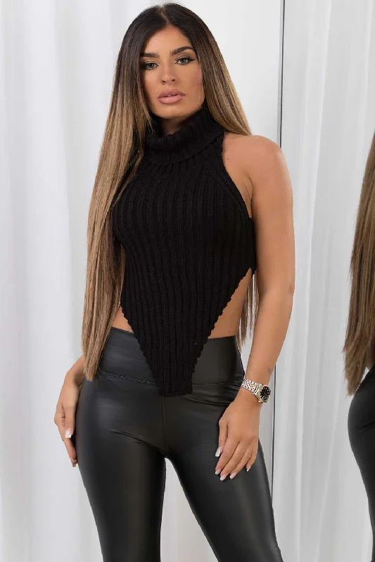 Knitted Roll Neck Backless Top Black