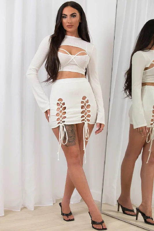 Lace Up Skirt And Top Co Ord 3 Piece Set White