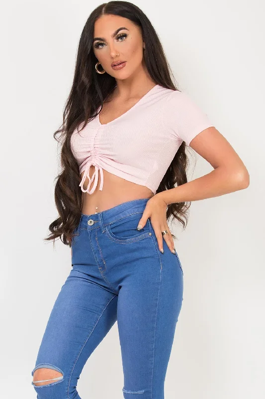 Pink Crop Top With Ruched Front