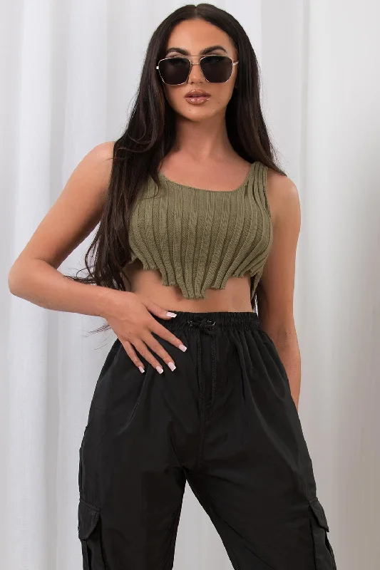 Rib Knit Crop Corset Top Khaki