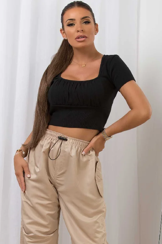 Ruched Front Ribbed Crop Top Black