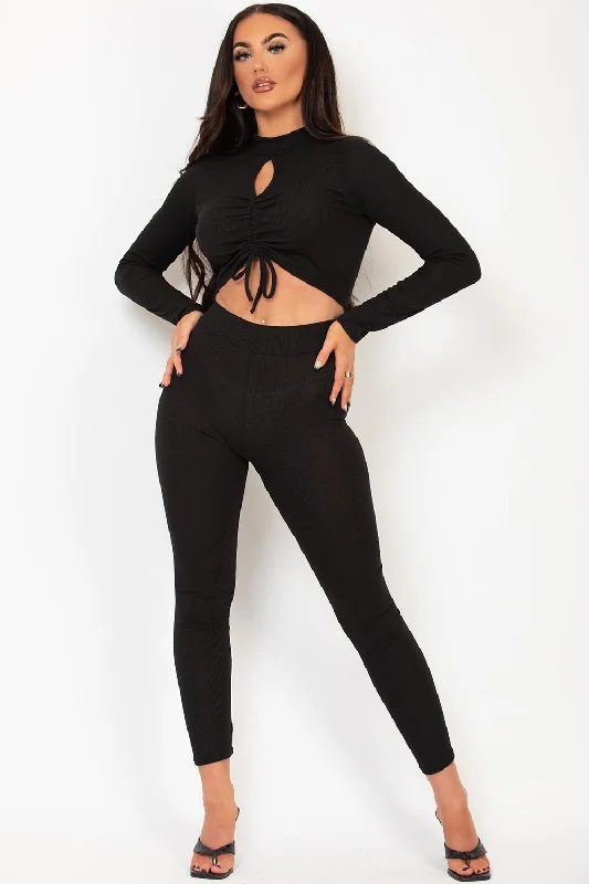 Ruched Ribbed Keyhole Cut Out Lounge Wear Set Black