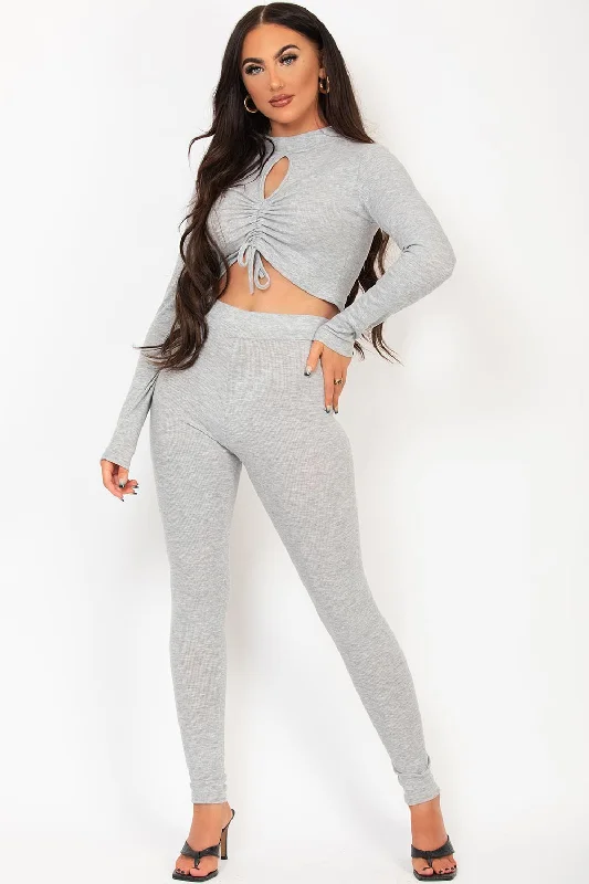 Ruched Ribbed Keyhole Cut Out Lounge Wear Set Grey